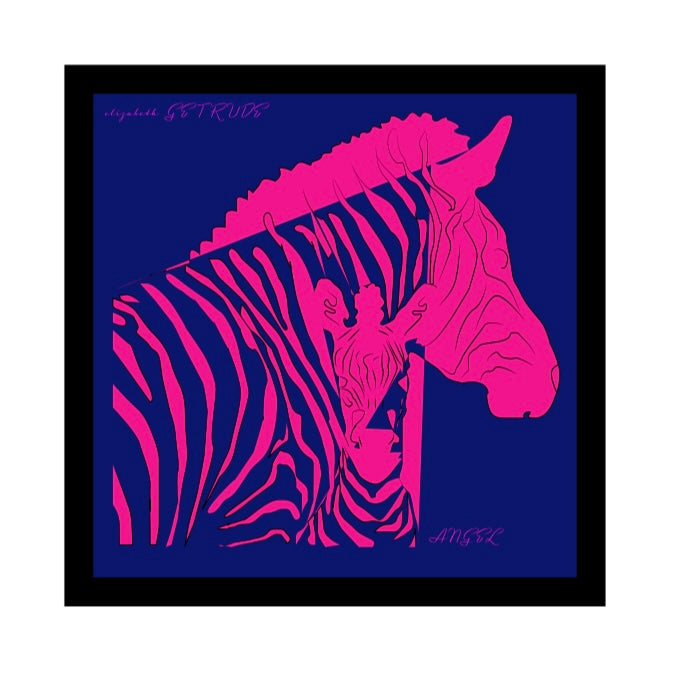 African Zebra Angel Silk Twill Scarf Navy Blue/Pink Large Square 75